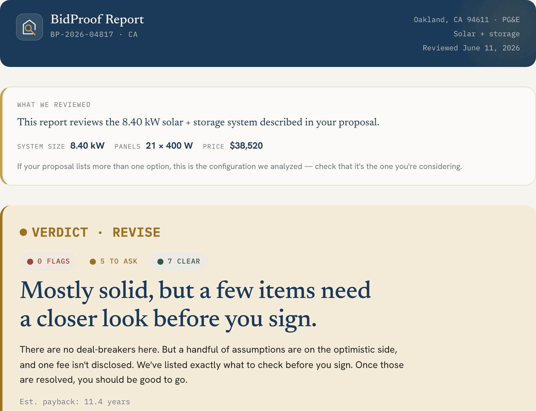 Excerpt of the sample BidProof report showing its header, review scope, overall result, and finding counts
